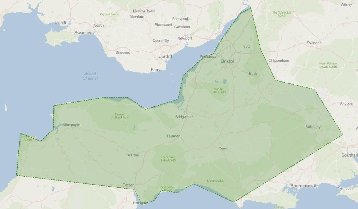 Somerset Housesitters - Service Areas in Somerset, Devon, Dorset & Wiltshire Map showing Somerset Housesitters' pet sitting service areas across Somerset, Devon, Dorset, and Wiltshire